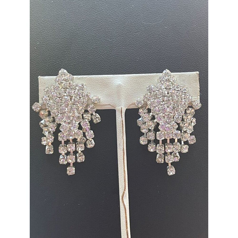 Vintage Designer Rhinestone Clip-On Earrings With Cascading Fringe Sparkle